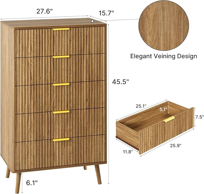 LYNSOM Fluted Dresser and Nightstand Sets 3 Piece, 5-Drawers Dresser and 1-Drawer Nightstands Set of 2, Wood Bedroom Furniture Set for Home, Bedroom, Hallway, Natural Oak