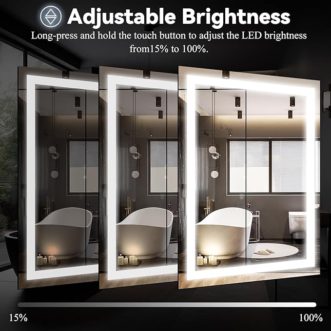 VooBang Large LED Bathroom Mirror 30 x 55 inches - 3 Adjustable Lighting Modes Lighted Smart Bathroom Vanity Mirror, Anti-Fog, Memory Function, Tempered Glass, Wall Mounted Horizontally Vertically