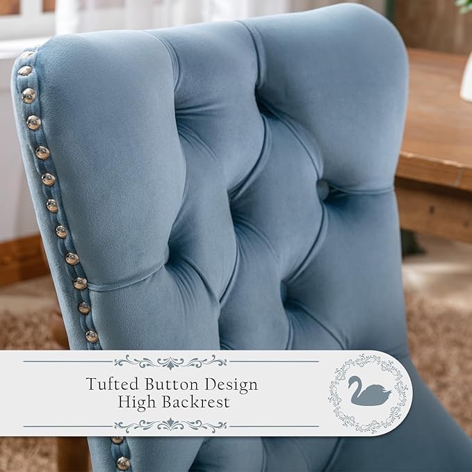 Velvet Upholstered Dining Chairs Set of 6, Modern Style Kitchen Side Chairs with Nailhead Trim and Wood Legs,Metal Pulling Ring for Dining Room Living Room(Sky Blue,Set of 6)