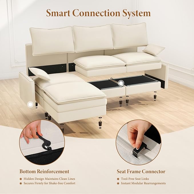 Vesgantti 108" Sectional Sleeper Sofa, 6-Seater Oversized Modular Cloud Couch with Movable Ottoman, Chenille Large Sofa Bed Convertible Deep Seat Couches for Living Room, Bedroom and Apartment, Beige