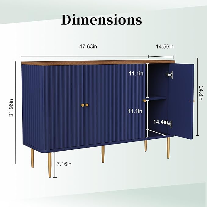 HLR Sideboard Buffet Cabinet, 48" Modern Accent Cabinet with 4 Door and Removable Shelves, Credenza with Storage for Living Room, Dinning Room, Entryway, Blue