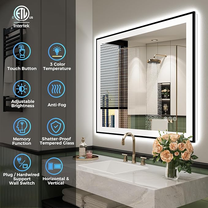 36x30 Inch LED Bathroom Mirror with Lights (Front Lit and Backlit) Black Framed Lighted Vanity Mirror for Bathroom Wall Dimmable Anti-Fog Memory Tempered Glass Horizontal/Vertical
