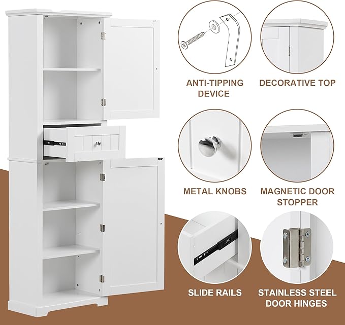 Tall Storage Cabinet, Bathroom Floor Freestanding Storage Cabinet with 2 Doors, One Drawer, and Adjustable Shelf for Bathroom, Office, Living Room, White