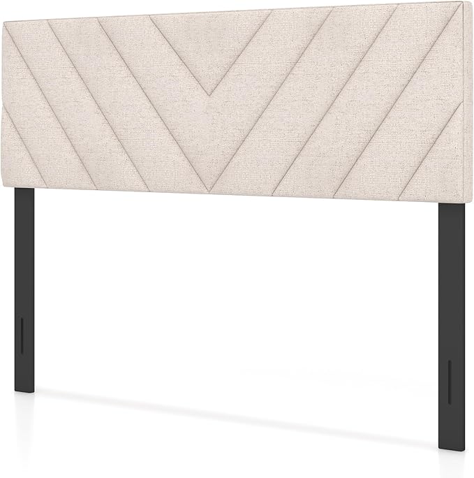 Giantex Linen Upholstered Headboard, Adjustable Width Button Tufted Headboard Only with Solid Wood Legs, Attach Frame, Rectangular Headboard for Queen Full Size Bed, Beige
