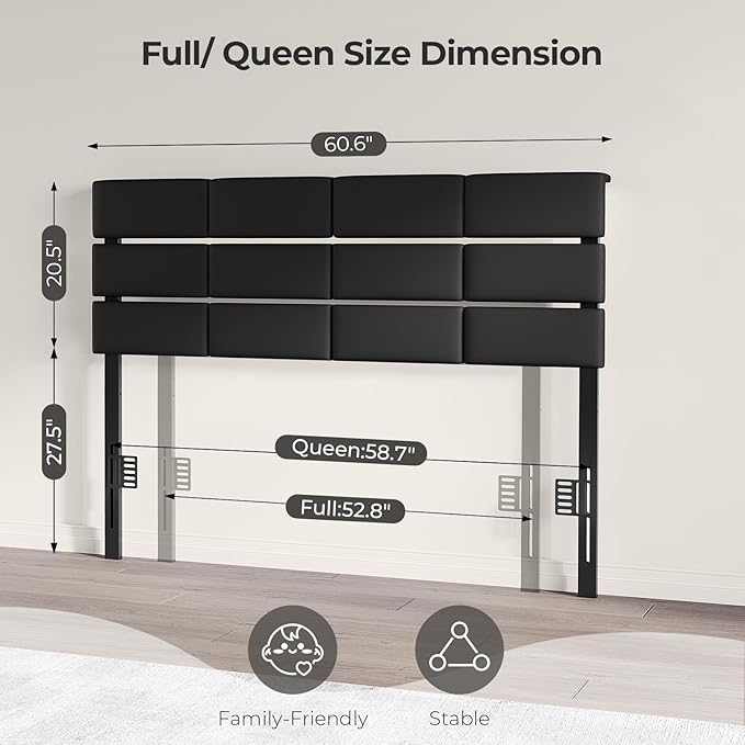 Full/Queen Size Upholstered Velvet Headboard, Adjustable Head Boards with LED Light & Charging Station, Bed Headboard Only, Attach Frame, Study & Comfortable, Ideal for Bedroom, Dorm, Black