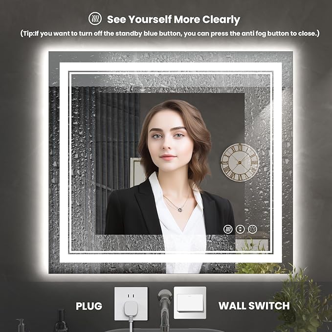 40 x 38 Inch LED Bathroom Mirror, Front Light and Backlit Anti-Fog Dimmable Memory Lighted Vanity Mirror, Shatterproof Wall-Mounted Led Mirror for Bathroom