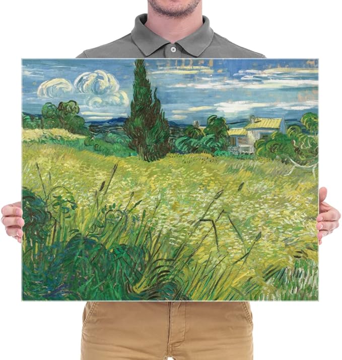 Wieco Art Abstract Canvas Prints Wall Art Green Field 1889 by Van Gogh Famous Oil Paintings Reproduction Artwork Stretched Landscape Picture for Living Room Home Office Decoration