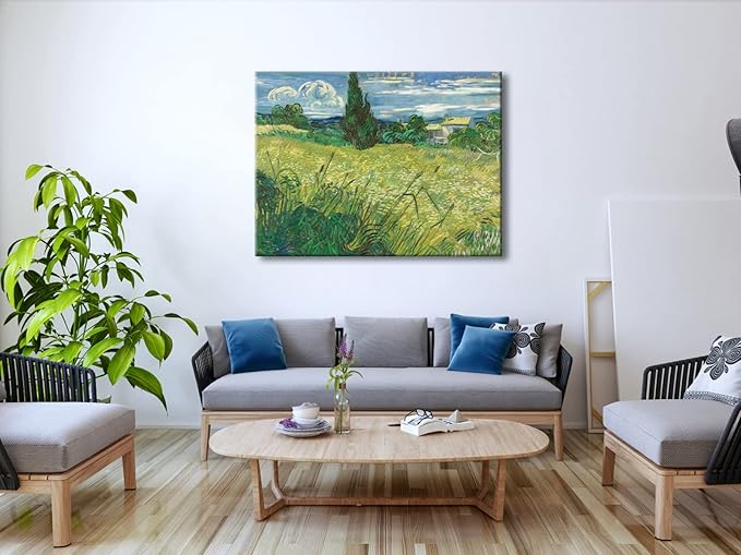 Wieco Art Abstract Large Canvas Wall Art Prints Green Field 1889 by Van Gogh Famous Oil Paintings Reproduction Artwork Stretched Landscape Picture for Home Decor Office Decoration