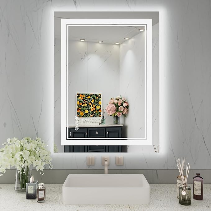 24x32 Inch LED Bathroom Mirror with Lights, Front Light and Backlit Anti-Fog Dimmable Memory Lighted Vanity Mirror, Shatterproof Wall-Mounted Led Mirror for Bathroom