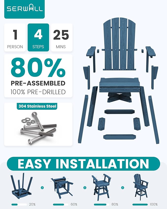 SERWALL Swivel Adirondack Bar Chairs Set of 2, HDPE Outdoor Swivel Barstools Chairs Set of 2 for Bistro, Poolside, Garden, Blue