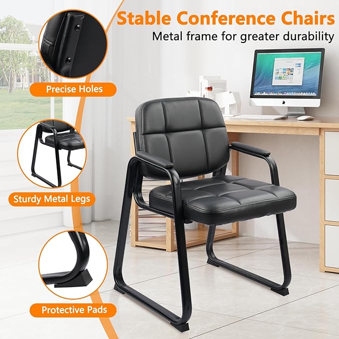 CLATINA Waiting Room Chairs with Padded Arms Leather Guest Chair no Wheels for Office Reception and Conference Desk with Sled Base Black, 2PK