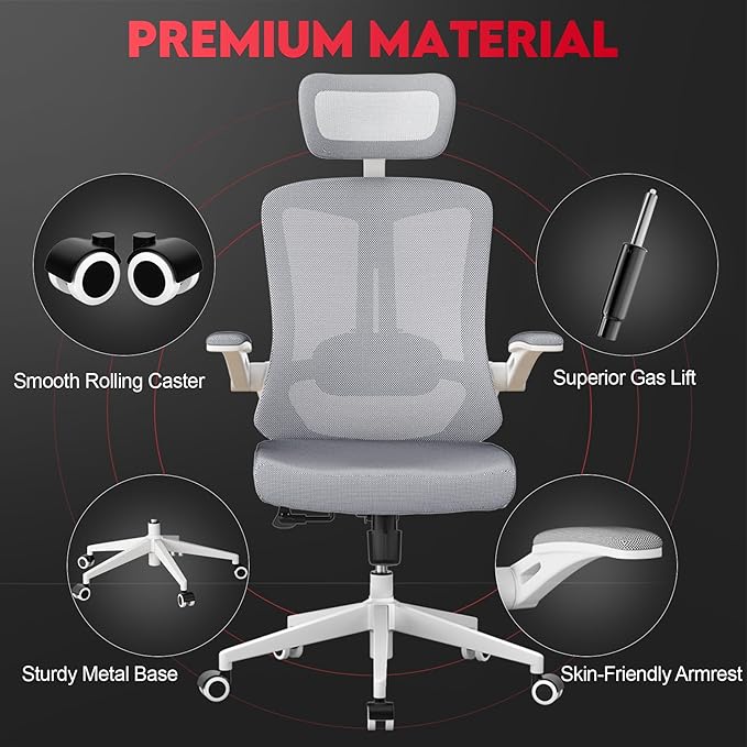 Ergonomic Office Chair - 400LB Comfy Desk Chairs with Adjustable Headrest and Lumbar Back Support, Mesh Computer Chairs with Wheels and Arms for Home Office, Study, Bedroom and Dorm (04grey)