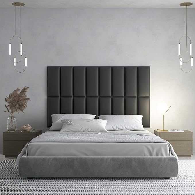 Art3d Peel and Stick Headboard for Queen and King in Black, Pack of 9 Panels Sized 9.84" x 23.62", 3D Soundproof Wall Panels, Upholstered Wall Panel