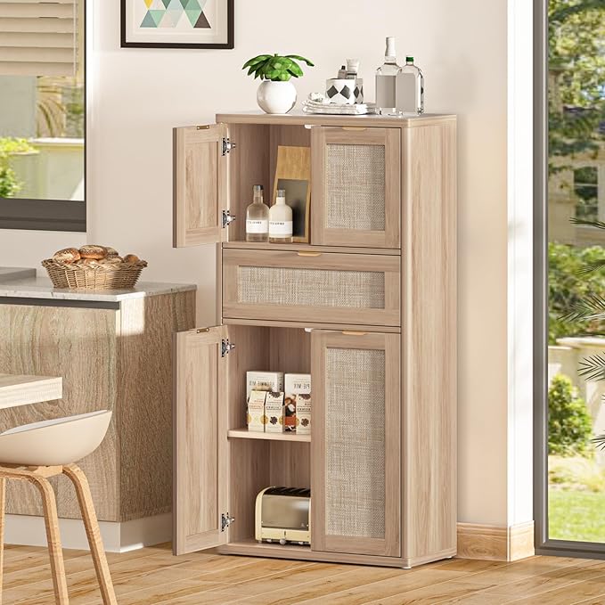 LEYAOYAO 48" Tall Storage Cabinet Set of 2,Rattan Bathroom Floor Cabinets with 4 Doors & 1Drawer,Boho Kitchen Pantry with Adjustable Shelves,Wooden Cupboard for Living Room,Home Office,Natural Wood