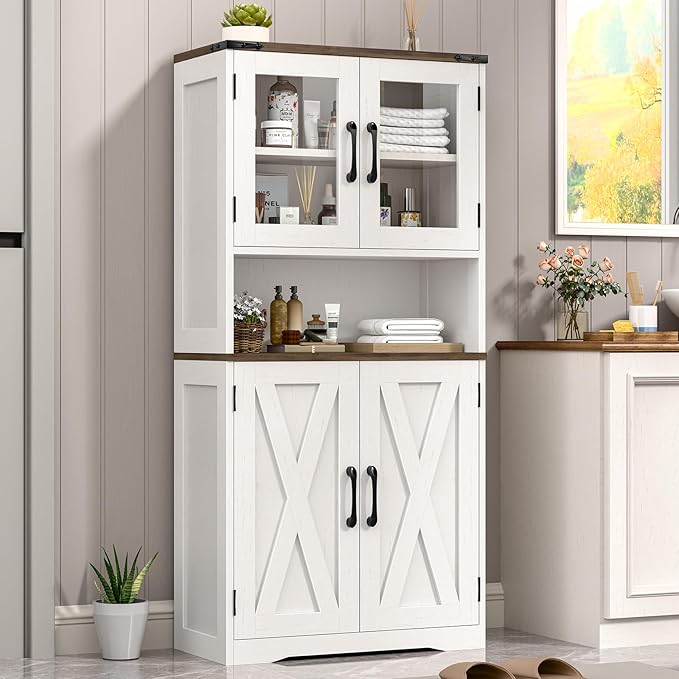 Bathroom Storage Cabinet with Adjustable Shelves, Farmhouse Kitchen Pantry, Rustic Style Cabinet