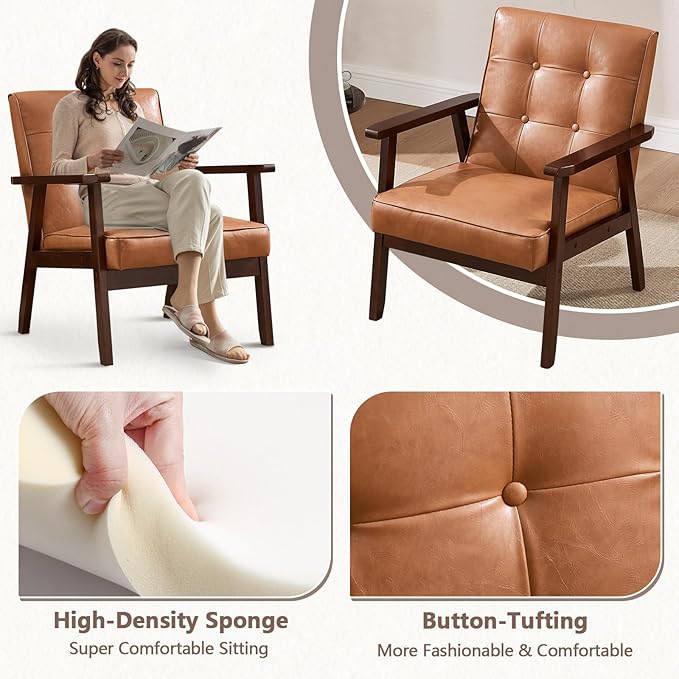 ANJ Mid Century Modern Accent Chair Set of 2 for Living Room, Tufted Faux Leather Armchair, Comfy Retro Bedroom Side Chair with Dark Wood Frame, Orange Brown