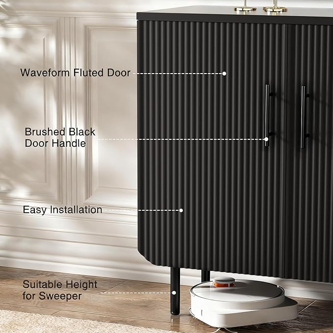 Buffet Cabinet with Storage, Sideboard with 2 Doors, Adjustable Shelf, Fluted Accent Cabinet for Living Room, Modern,Black