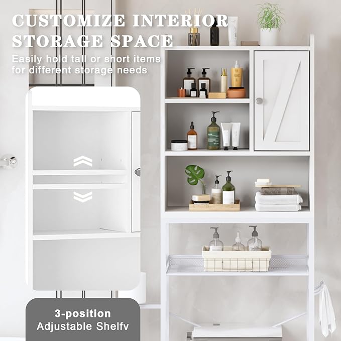 AWQM Over The Toilet Storage Cabinet, Bathroom Cabinet Organizer with Adjustable Shelf, Freestanding Space Saver Toilet Stands with Door, Paper Hook, Multifunctional Bathroom Toilet Rack, White