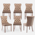 Velvet Upholstered Dining Chairs Set of 6, Modern Style Kitchen Side Chairs with Nailhead Trim and Wood Legs,Metal Pulling Ring for Dining Room Living Room(Khaki,Set of 6)