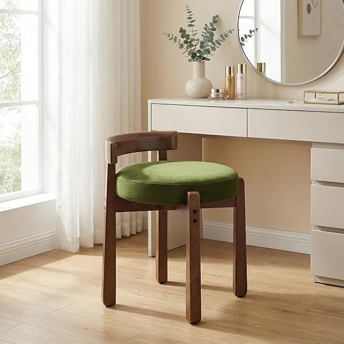 HNY Velvet Makeup Vanity in Vintage Green: Compact Round Ottoman Chair with Wooden Legs, Perfect for Small Spaces Like Entryway, Cloakroom & Boudoir