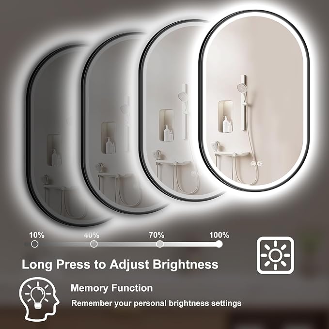 S'bagno 24x36 Oval Black LED Mirror for Bathroom with Frontlit & Backlit, LED Bathroom Mirror with Metal Frame, Anti-Fog, Stepless Dimmable, 3 Colors Temperature LED Vanity Mirror(Horizontal/Vertical)