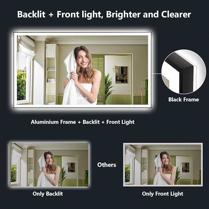 84x40 Inch LED Bathroom Mirror with Lights (Front Lit and Backlit) Black Framed Lighted Vanity Mirror for Bathroom Wall Dimmable Anti-Fog Memory Tempered Glass Horizontal/Vertical