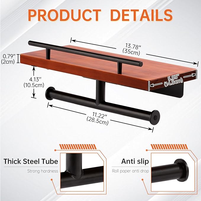 Toilet Paper Holder with Wood Shelf, Wall Mount Toilet Paper Roll Holder with Wooden Shelf and Matte Black Stainless Steel Pipe, Tissue Roll Holder for Bathroom Washroom (Dark Brown, 13.8'' x 5.9'')