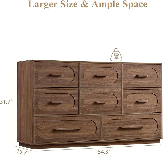 Modern 8 Drawer Dresser for Bedroom, 54" Wide Dressers & Chest of Drawers w/Solid Wood Handle, Wood Mid Century Closet Organizers and Storage Cabinet for Bedroom, Living Room, Hallway, Walnut