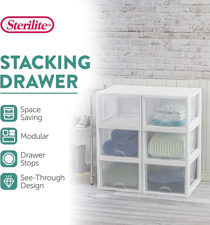 Sterilite 12-Pack 27 Quart Stacking Drawer, Clear Storage Closet Organizer, White Frame - Stackable Modular Plastic Drawers for Clothes, Accessories, Craft Supplies, Shoes or Linens