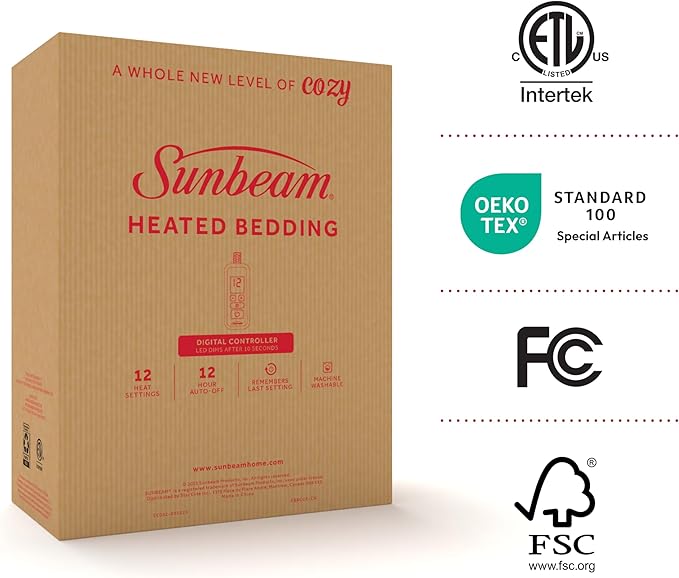 Sunbeam Premium Quilted Electric Heated Mattress Pad, 60" x 80", 12 Heat Settings, 12-Hour Auto Shut-Off, Machine Washable, Extra-Soft, White