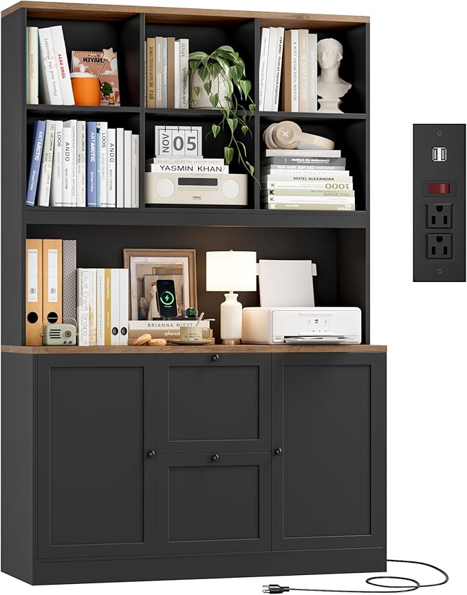 HIFIT 72'' Tall File Bookcase with Power Outlet & Printer Stand, 2 Drawer Filing Cabinets for Home Office Fit Hanging A4 File, Storage Cabinet w/ 3 Tier Open Book Shelf & Doors for Living Room, Black