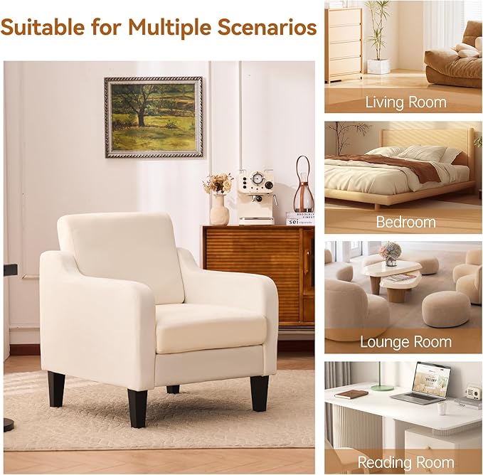 Accent Chair for Living Room, Modern Velvet Living Room Chairs with Wide Backrest, Upholstered Comfy Chair with Cushion, Oversized Sofa Chair with Wood Legs, Single Armchair, Beige