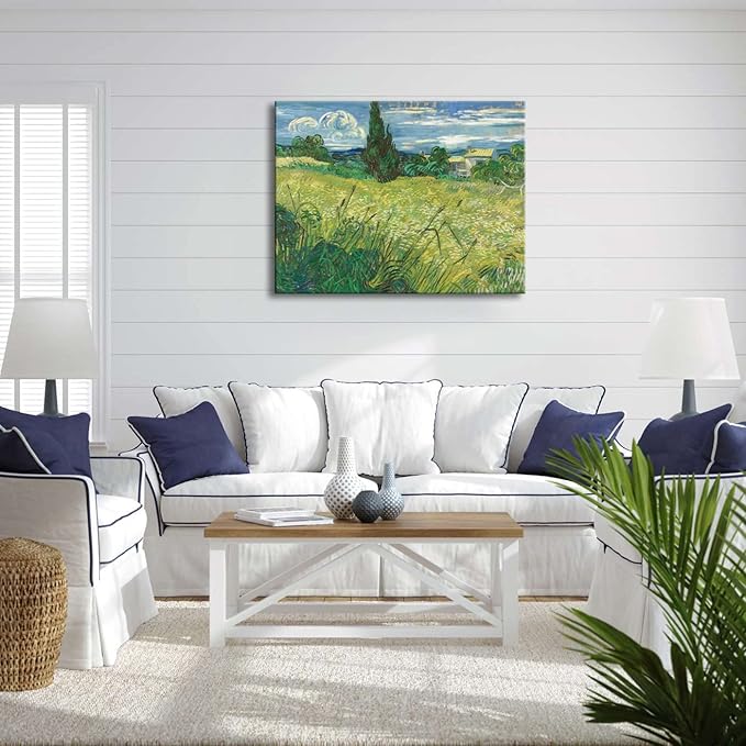 Wieco Art Abstract Canvas Prints Wall Art Green Field 1889 by Van Gogh Famous Oil Paintings Reproduction Artwork Stretched Landscape Picture for Living Room Home Office Decoration