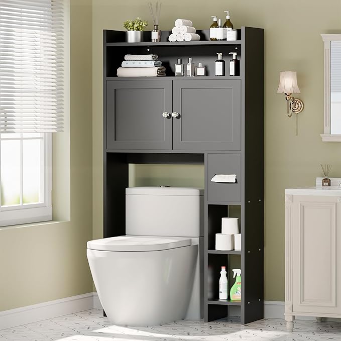 MU Over The Toilet Storage Cabinet with Doors, 32" Bathroom Storage Organizer with Side Shelves, Space-Saving Toilet Storage Rack for Bathroom, Laundry (Black)