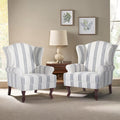 Pia Ricco Set of 2 Stripe High Back Accent Chairs: Upholstered Fabric Armchairs with Solid Wood Legs - Retro Living Room Pair, Comfy Reading Sofa Seats-Navy