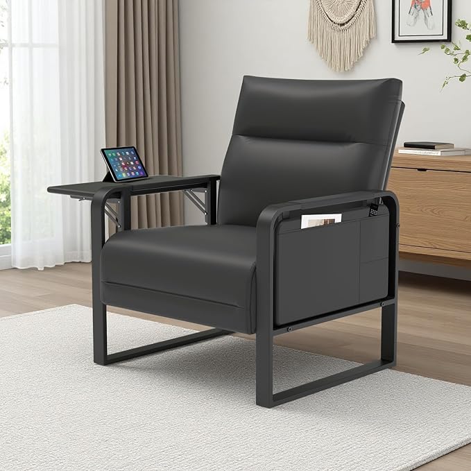 Upholstered Accent Sofa, Modern Faux Leather Sofa Chair with Foldable Side Tray Table & Storage Pocket, Small Accent Sofa for Living Room, Bedroom, Reception Room, Black