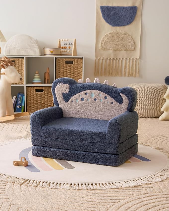 Blissful Diary Kids Couch, 2-in-1 Soft Toddler Couch Fold Out, Toddler Chair Comfy, Convertible Sofa to Lounger, Kids Furniture for Playroom, Gift for Birthday, Children's Day, Blue Dinosaur