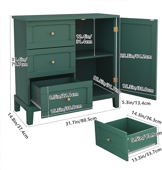 HLR Accent Cabinet with 3 Drawers and Door, Wooden Storage Cabinet with Shelves, Sideboard for Living Room, Entryway, Green