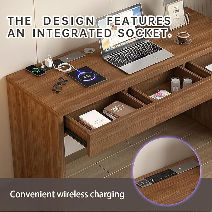 Executive Desk with Drawers, Computer Desk with Drawers with Pre-Embedded Slots, 55 inch Modern Walnut Home Office Desk with Charging Station for Study, Living Room, Bedroom