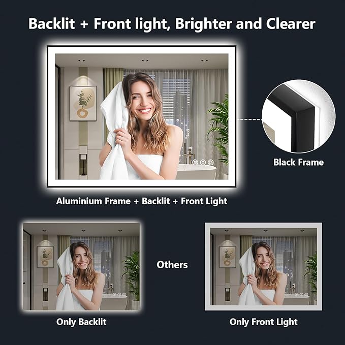 40x32 Inch LED Bathroom Mirror with Lights (Front Lit and Backlit) Black Framed Lighted Vanity Mirror for Bathroom Wall Dimmable Anti-Fog Memory Tempered Glass Horizontal/Vertical