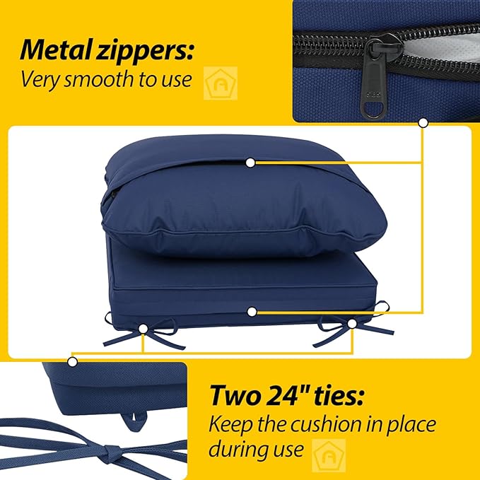 AAAAAcessories Outdoor Deep Seat Cushions, Waterproof, Fade-Resistant Patio Furniture Replacement Cushions, 23.5" x 25.5" x 5" + 23.5" x 19", Set of 2, Navy Blue