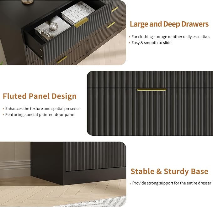 Black Dresser for Bedroom with 8 Drawer, 55” Wide Fluted Double Drawer Dresser Modern Chest of Drawers with Gold Handle, Wood TV Stand for Bedroom, Living Room, Black