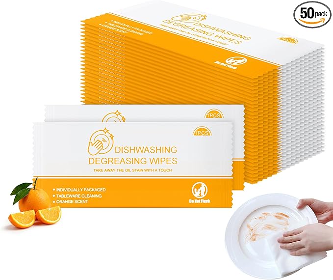 Dish Cleaning Wipes Individually Wrapped Travel Dish Soap Wipes Orange Scent Disposable Wipes Portable for Kitchen Outdoor Traveling Camping RV Quick Clean (100)