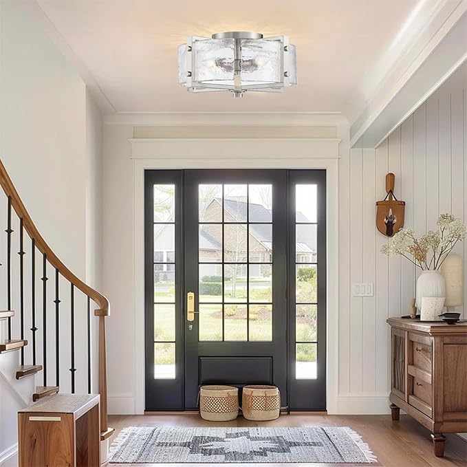Bofea-Modern Semi Flush Mount Ceiling Light Chrome Drum Light Fixture with Hand-Blown Glass Shade 4-Lights Hallway Lighting Fixtures Farmhouse Ceiling Lights for Dining Room Foyer Entryway Lamp