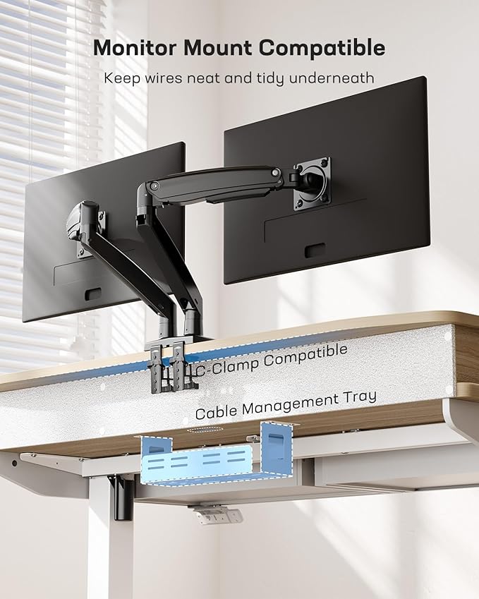 HUANUO 55 x 30 inch Electric Standing Desk with Wood Drawers, Adjustable Height Sit Stand Home Office Desk with Two Tiers, Ergonomic Adjustable Stand up Desk C-Clamp Monitor Mount Compatible, Natural