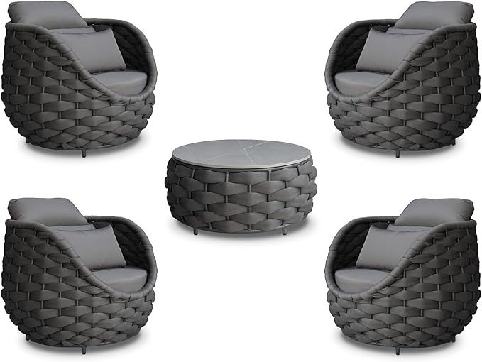 Front Porch Furniture 5 Piece Set: Aluminum Woven Rope Patio Conversation Sofa Set - Assembled Accent Chair Cushioned - Outdoor Armchair Couch Set for 400 lbs Deck Backyard Poolside Garden Hotel