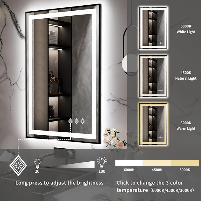 LED Mirror for Bathroom, 24x36 Inch Black Framed Gradient Front and Backlit LED Bathroom Mirror, 3 Colors Dimmable CRI>90, IP54 Enhanced Anti-Fog Bathroom Mirror with Lights