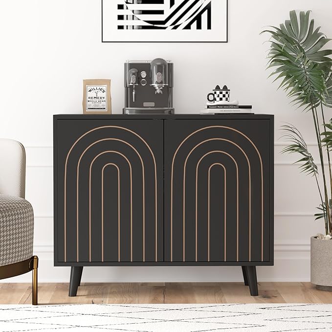 Accent Cabinet with Carving Lines, Modern Buffet Sideboard with Adjustable Shelves, Decorative Storage Cabinets for Bedroom Living Room Kitchen Office and Hallway (Black, 1)