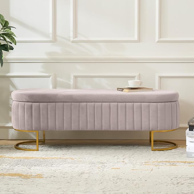 EcoHarbor Living 55.5" Storage Bench Ottoman End of Bed Bench Bedroom Bench, Upholstered Velvet Long Window Bench Large King Size with Gold Legs, Flipping Lid Entryway Footrest (Pink)