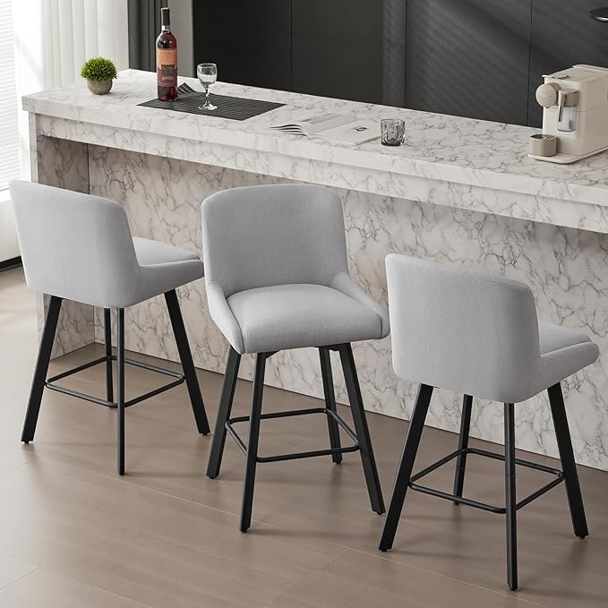 Swivel Bar Stools Set of 3, 26''H Upholstered Barstools with Backs, Modern Counter Height Bar Stool Chairs for Kitchen Island, Metal Legs, Light Gray Fabric Counter Stools
